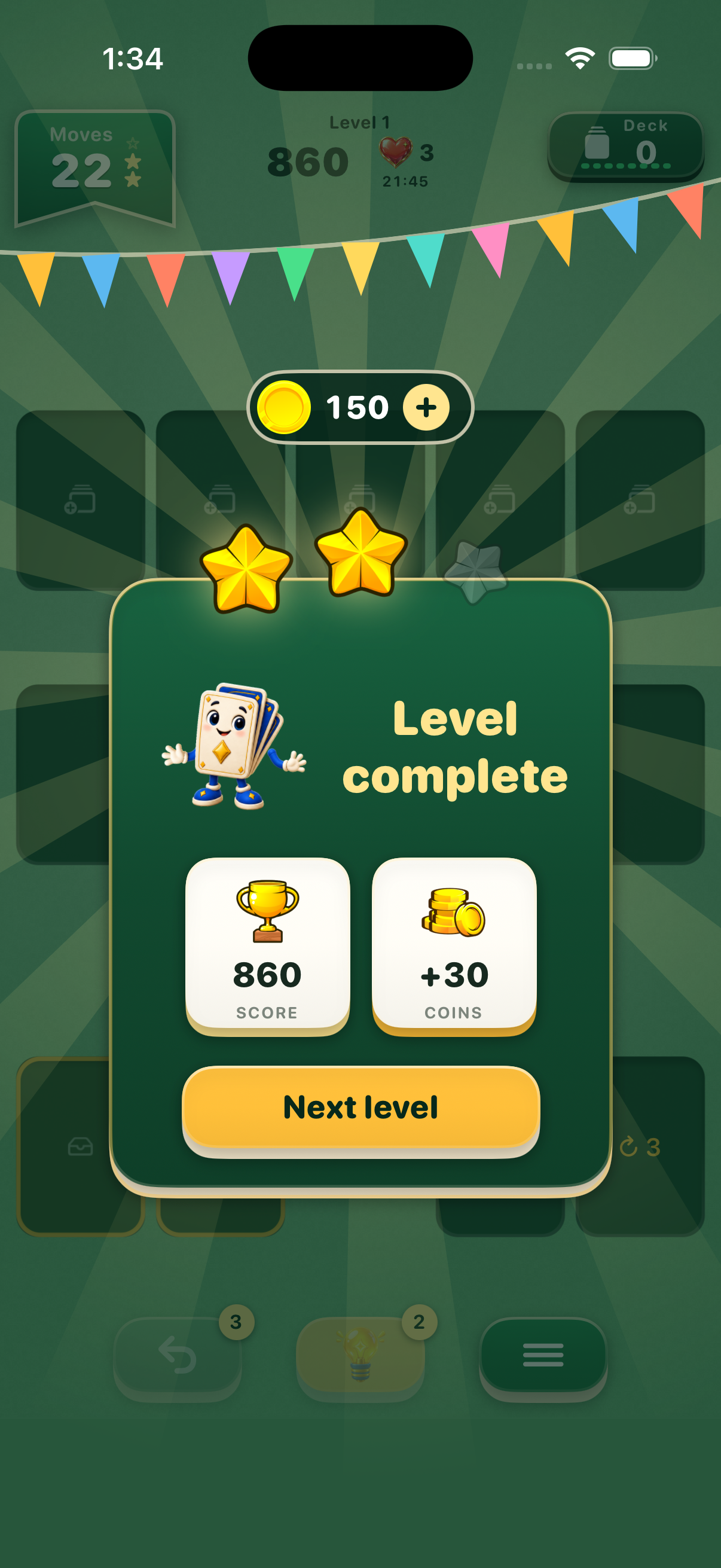 Sortia development build showing a completed board and its earned star and coin rewards